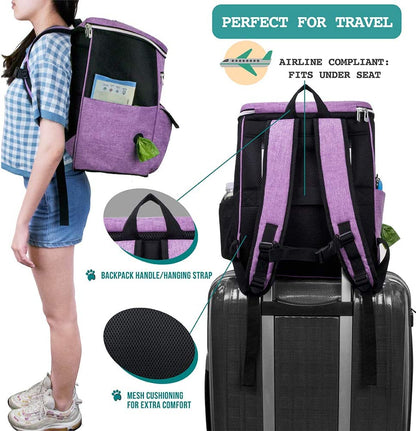 Dog Travel Backpack 27L Airline Approved Pet Supplies Bag, Purple | Cat Traveling Suitcase Organizer for Weekend Road Trip Camping; 2 Food Containers, 2 Collapsible Bowls & Poop Bag Dispenser