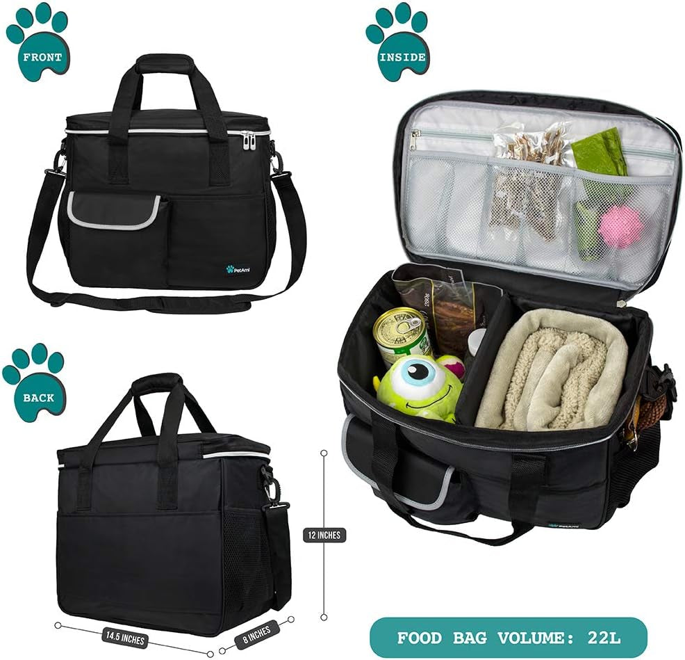 Dog Travel Bag Organizer, Pet Supplies Tote Diaper Bag, Black Medium | Pet Travel Kit with 2 Food Containers & 2 Collapsible Dog Bowls, Luggage Sleeve, Weekend Getaway Road Trip Camping Essentials