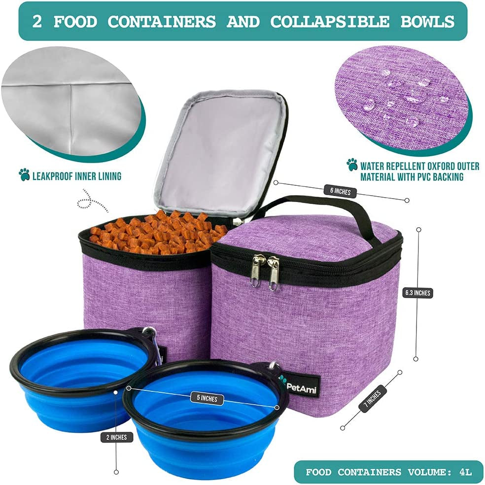 Dog Travel Backpack 27L Airline Approved Pet Supplies Bag, Purple | Cat Traveling Suitcase Organizer for Weekend Road Trip Camping; 2 Food Containers, 2 Collapsible Bowls & Poop Bag Dispenser