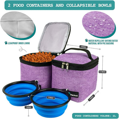 Dog Travel Backpack 27L Airline Approved Pet Supplies Bag, Purple | Cat Traveling Suitcase Organizer for Weekend Road Trip Camping; 2 Food Containers, 2 Collapsible Bowls & Poop Bag Dispenser