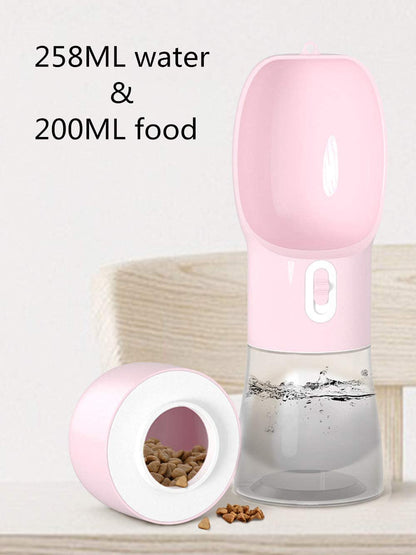Portable Dog Water Bottle with Food Container Dishwasher Safe-Pink | 3 IN1 Drinking Bottle for Pet Puppy Outdoor Walking Hiking Travel | Leak Proof Dog Water Dispenser with Bowl BPA Free