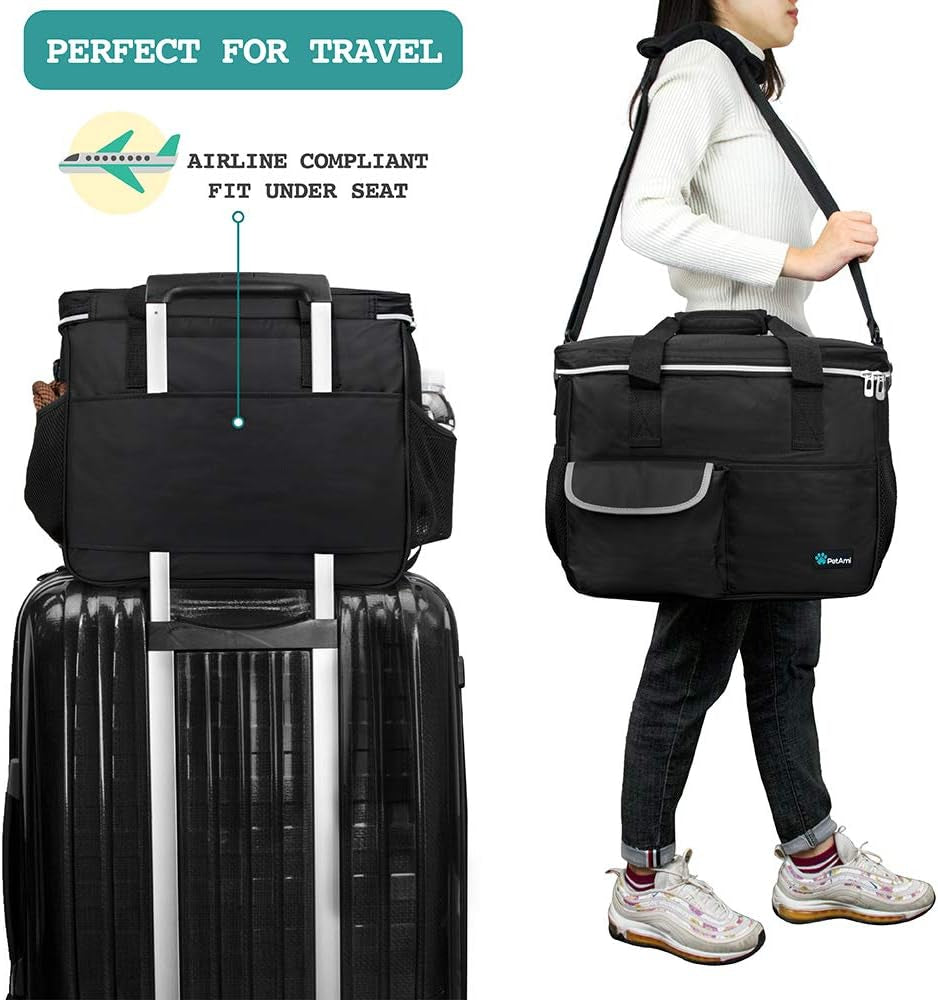 Dog Travel Bag Organizer, Pet Supplies Tote Diaper Bag, Black Medium | Pet Travel Kit with 2 Food Containers & 2 Collapsible Dog Bowls, Luggage Sleeve, Weekend Getaway Road Trip Camping Essentials