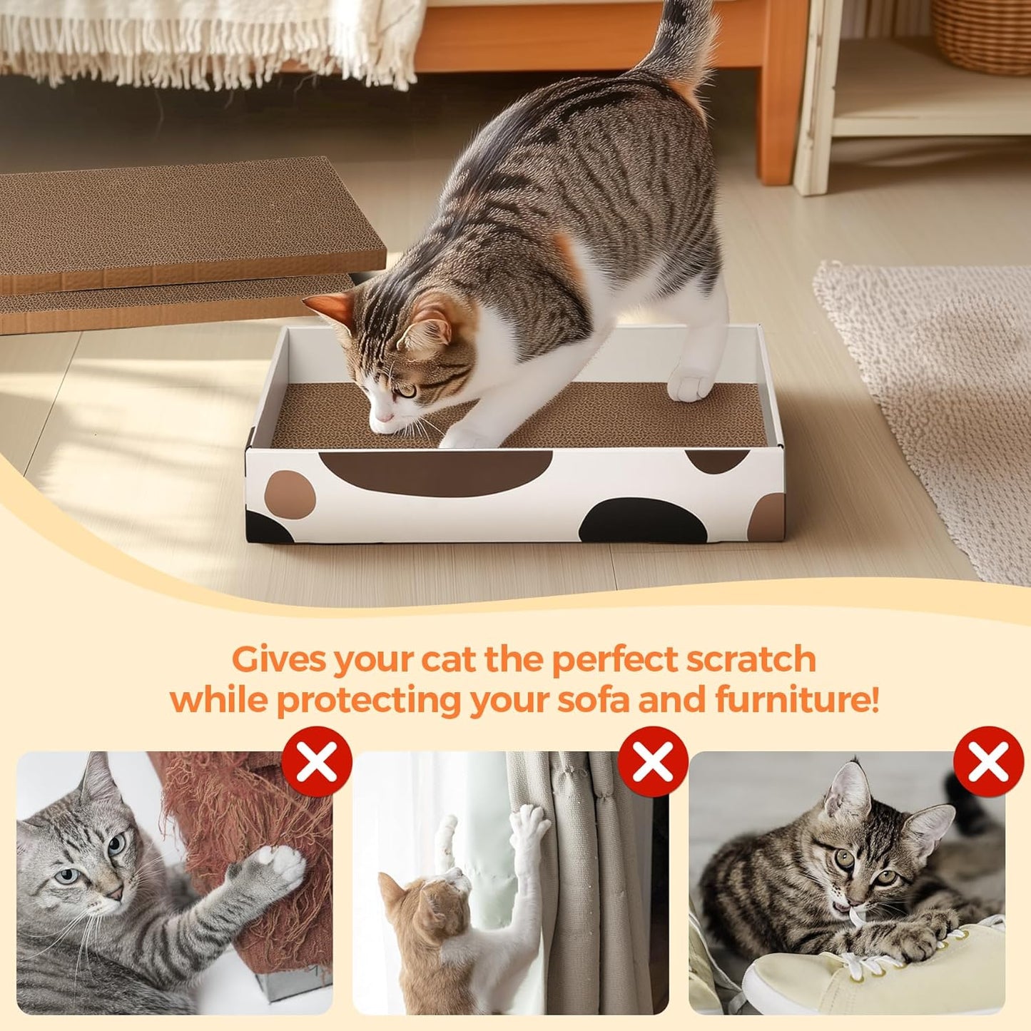 Cat Scratcher Box 17 X 10 In, 3 Reversible Cardboard Pads for Cats | Cat Scratching Bed, Three Scratch Boards, Corrugated Cardboard, Furniture Protection, Indoor Floor Use, Claw Care