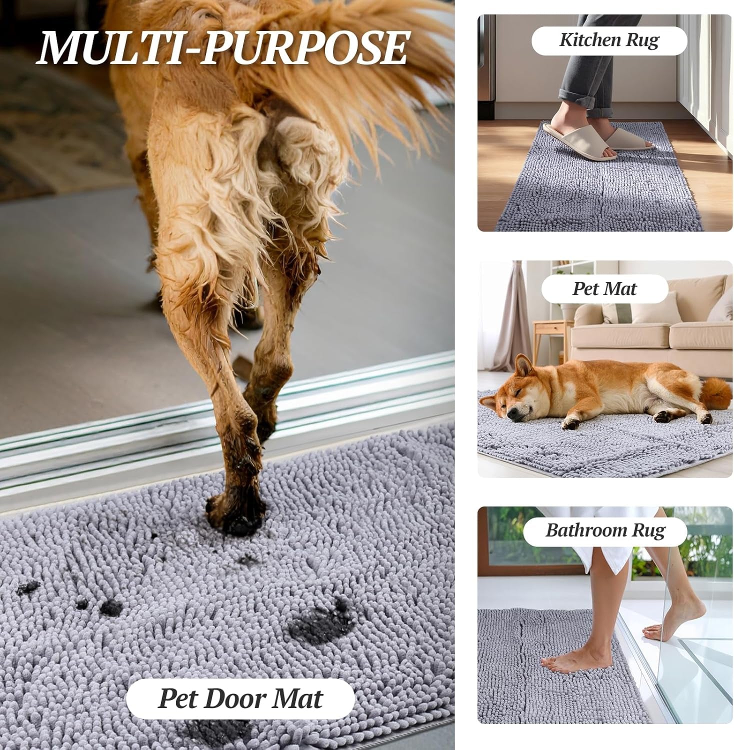 Dog Door Mat Absorpmax Dog Mat for Muddy Paw, 31 × 20", Grey | Mud Rug with Non Slip Backing for Indoor & Outdoor, Washable Soft Chenille anti Mud Waterproof