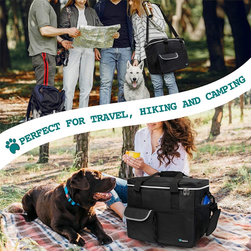 Dog Travel Bag Organizer, Pet Supplies Tote Diaper Bag, Black Medium | Pet Travel Kit with 2 Food Containers & 2 Collapsible Dog Bowls, Luggage Sleeve, Weekend Getaway Road Trip Camping Essentials