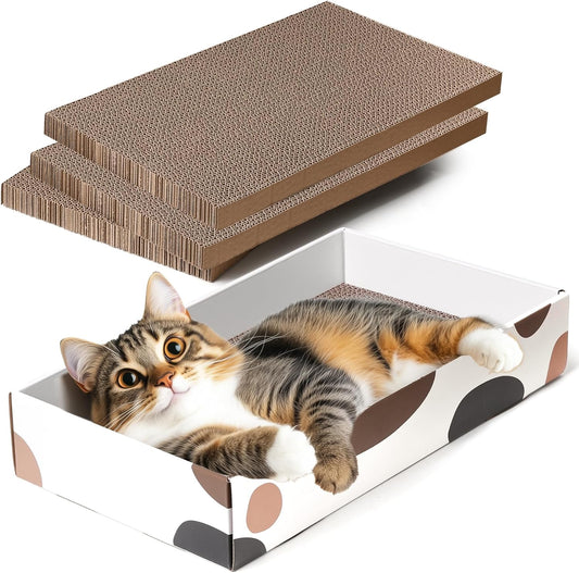 Cat Scratcher Box 17 X 10 In, 3 Reversible Cardboard Pads for Cats | Cat Scratching Bed, Three Scratch Boards, Corrugated Cardboard, Furniture Protection, Indoor Floor Use, Claw Care