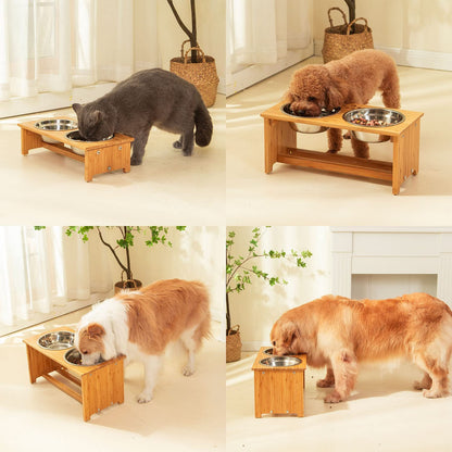 FOREYY Raised Pet Bowls for Cats and Small Dogs, Bamboo Elevated Dog Cat Food and Water Bowls Stand Feeder with 2 Stainless Steel Bowls and anti Slip Feet (4'' Tall-20 Oz Bowl)