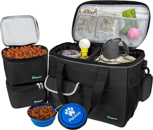 Dog Travel Bag Organizer, Pet Supplies Tote Diaper Bag, Black Medium | Pet Travel Kit with 2 Food Containers & 2 Collapsible Dog Bowls, Luggage Sleeve, Weekend Getaway Road Trip Camping Essentials