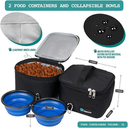 Dog Travel Bag Organizer, Pet Supplies Tote Diaper Bag, Black Medium | Pet Travel Kit with 2 Food Containers & 2 Collapsible Dog Bowls, Luggage Sleeve, Weekend Getaway Road Trip Camping Essentials