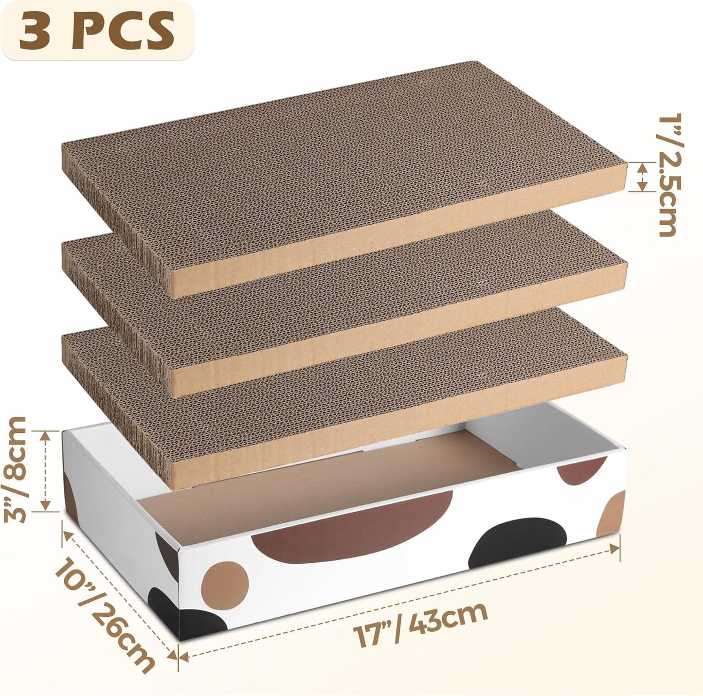Cat Scratcher Box 17 X 10 In, 3 Reversible Cardboard Pads for Cats | Cat Scratching Bed, Three Scratch Boards, Corrugated Cardboard, Furniture Protection, Indoor Floor Use, Claw Care