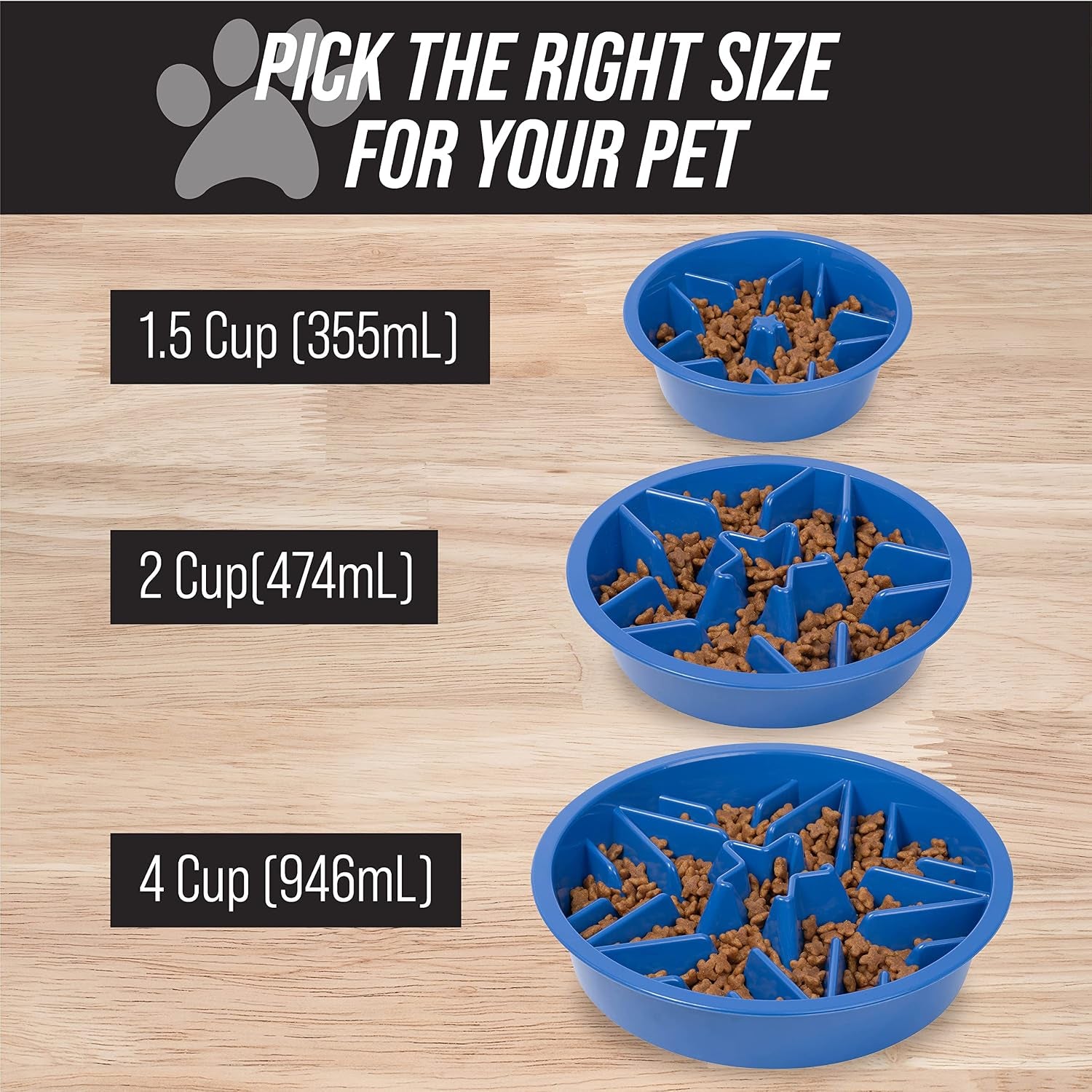 Slow Feeder Dog Bowl (2 Cup) - Puzzle Dog Food Bowl with Feeder Holes, Fits Elevated Pet Feeders, Slow Eating for Large, Medium & Small Sized Breeds - Blue