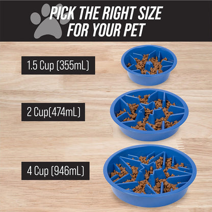 Slow Feeder Dog Bowl (2 Cup) - Puzzle Dog Food Bowl with Feeder Holes, Fits Elevated Pet Feeders, Slow Eating for Large, Medium & Small Sized Breeds - Blue