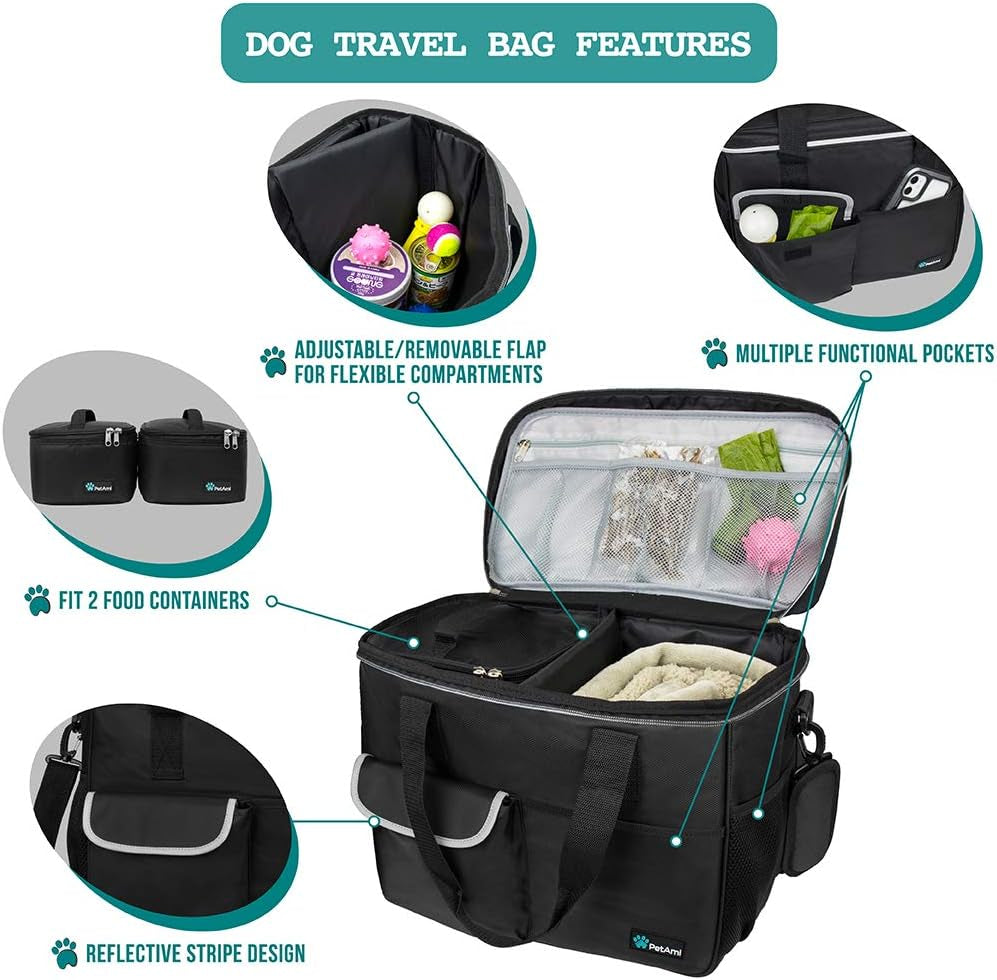 Dog Travel Bag Organizer, Pet Supplies Tote Diaper Bag, Black Medium | Pet Travel Kit with 2 Food Containers & 2 Collapsible Dog Bowls, Luggage Sleeve, Weekend Getaway Road Trip Camping Essentials