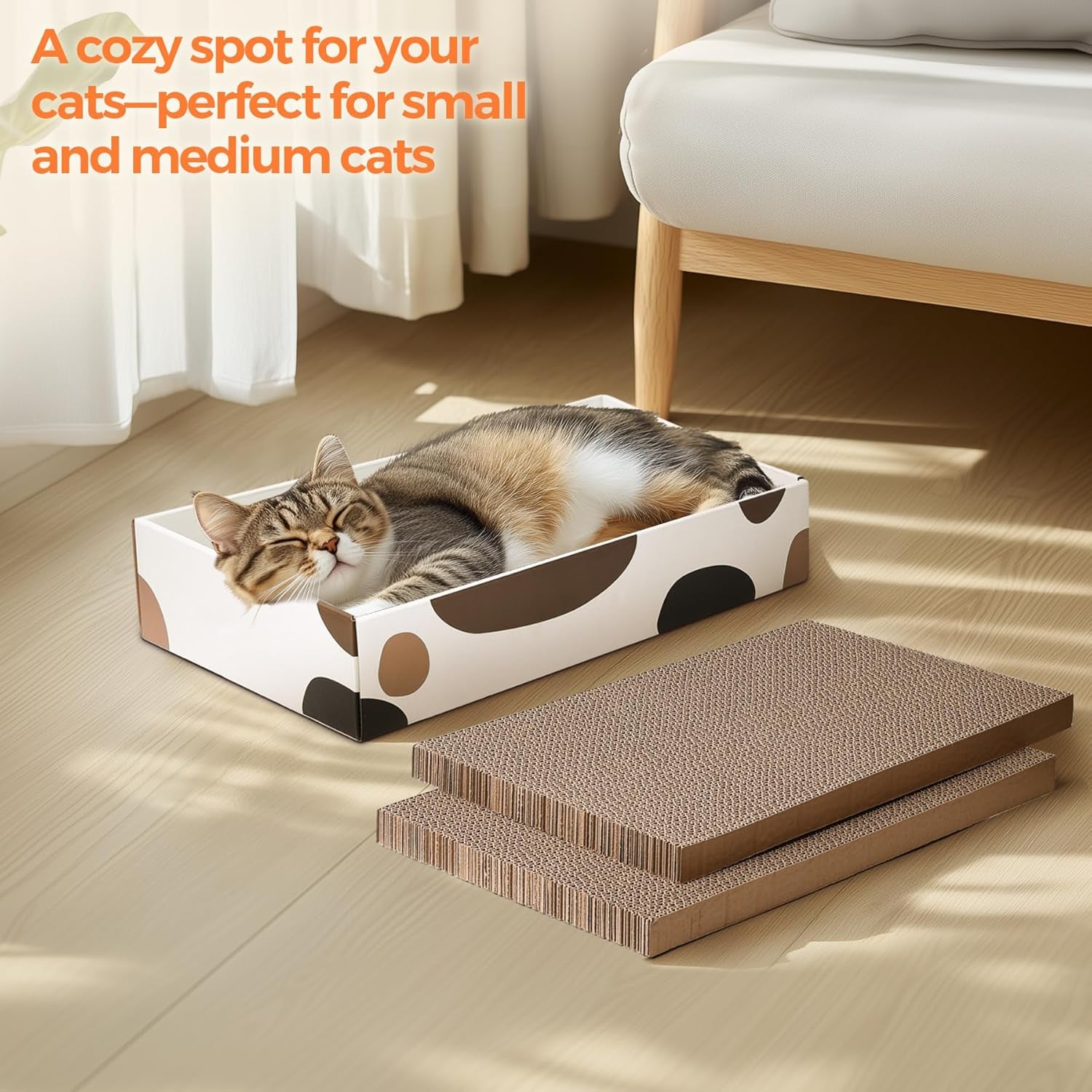 Cat Scratcher Box 17 X 10 In, 3 Reversible Cardboard Pads for Cats | Cat Scratching Bed, Three Scratch Boards, Corrugated Cardboard, Furniture Protection, Indoor Floor Use, Claw Care